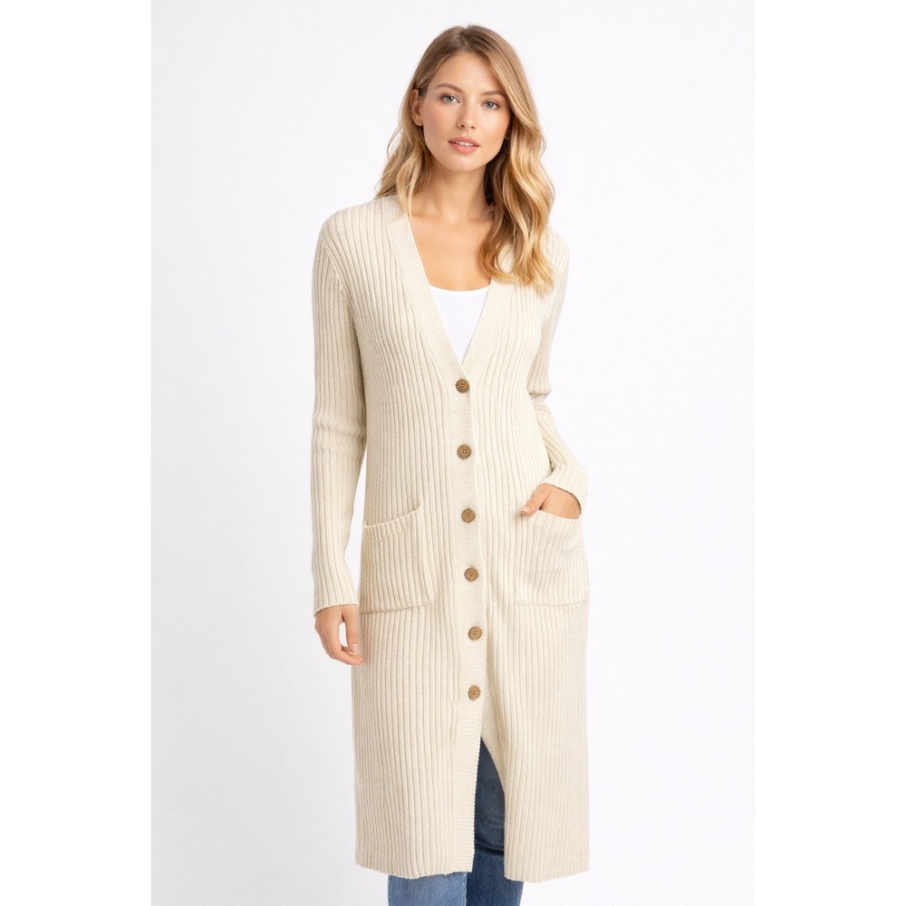 Miou Muse Ribbed Long Cardigan Sweater Cream Button Front Duster Pockets Size S